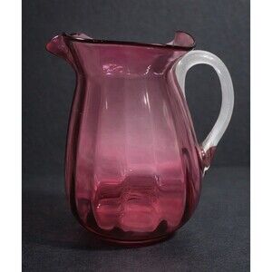 VTG Pilgrim Cranberry Pink Art Glass Optic Swirl Creamer Pitcher 5” Handle